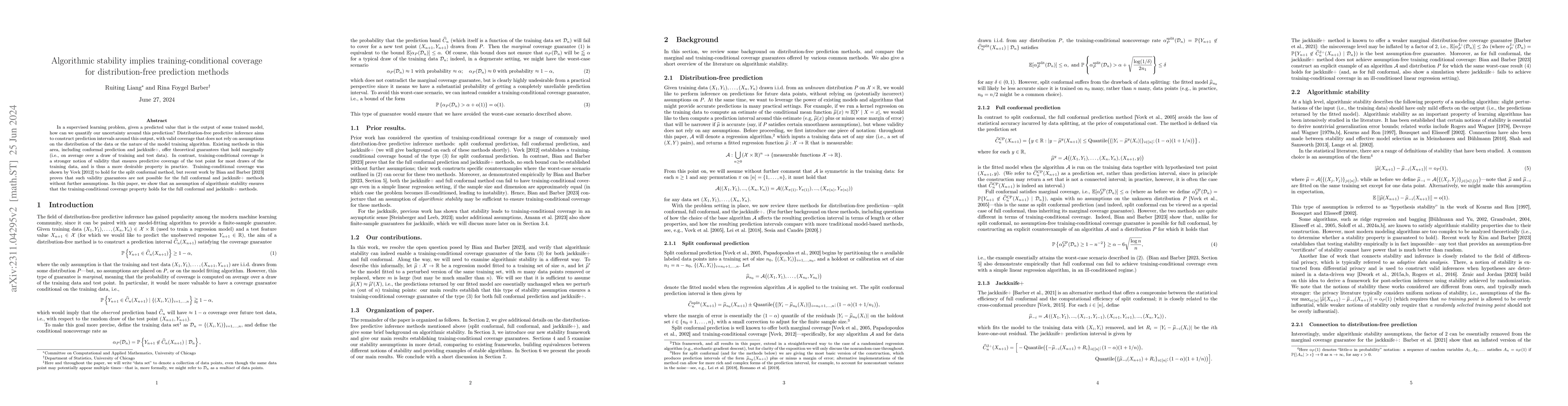 Thumbnail for Algorithmic stability implies training-conditional coverage for
  distribution-free prediction methods