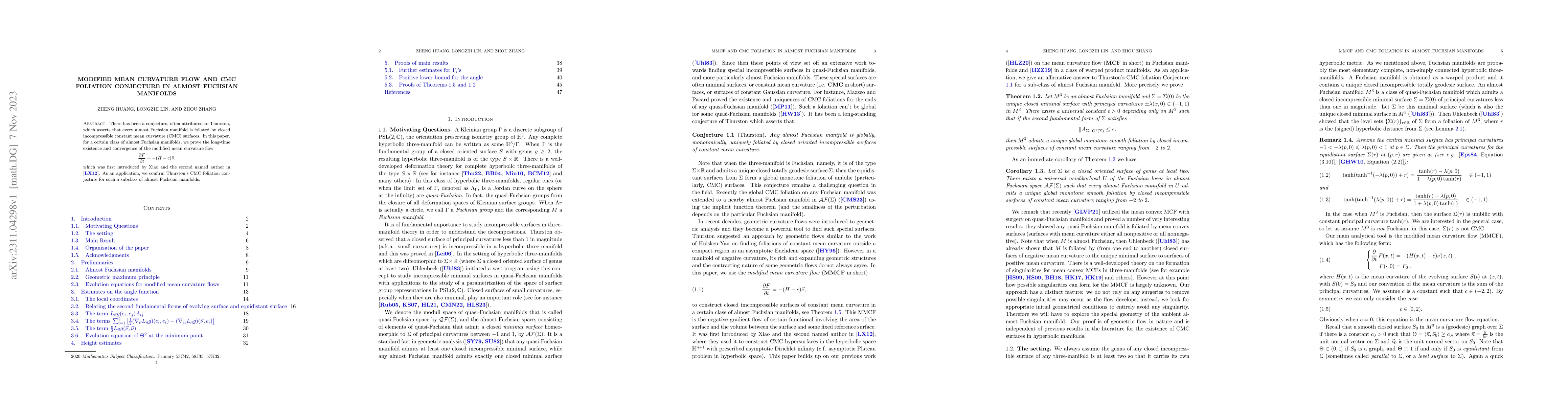 Thumbnail for Modified mean curvature flow and CMC foliation conjecture in almost
  Fuchsian manifolds