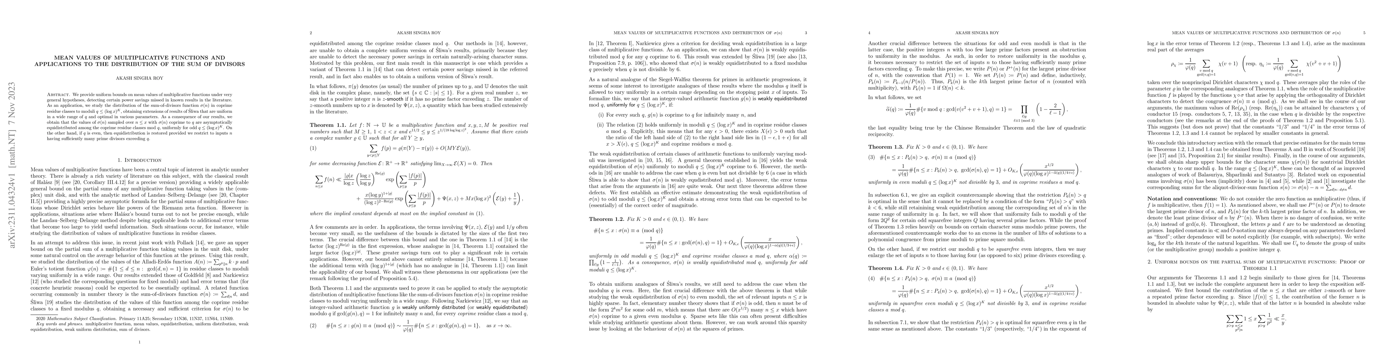 Thumbnail for Mean values of multiplicative functions and applications to the
  distribution of the sum of divisors