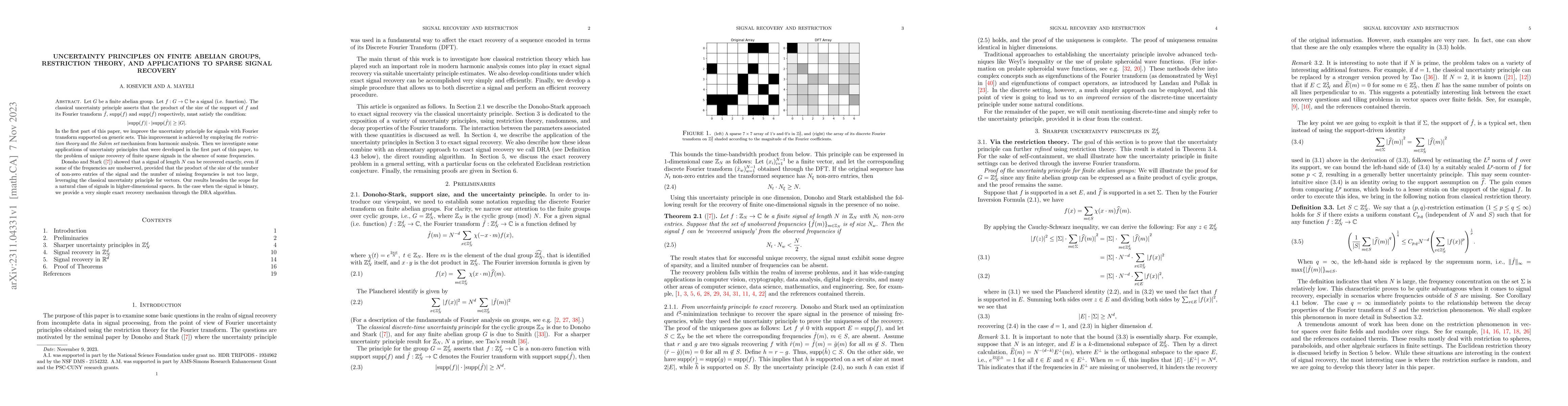 Thumbnail for Uncertainty Principles on Finite Abelian Groups, Restriction Theory, and
  Applications to Sparse Signal Recovery