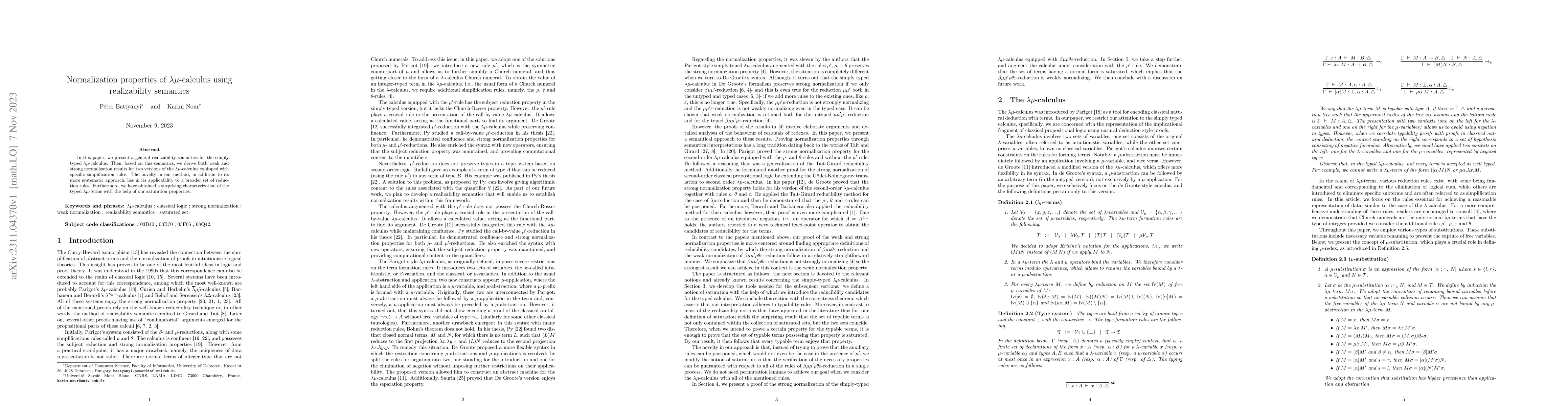 Thumbnail for Normalization properties of $\lambda\mu$-calculus using realizability
  semantics