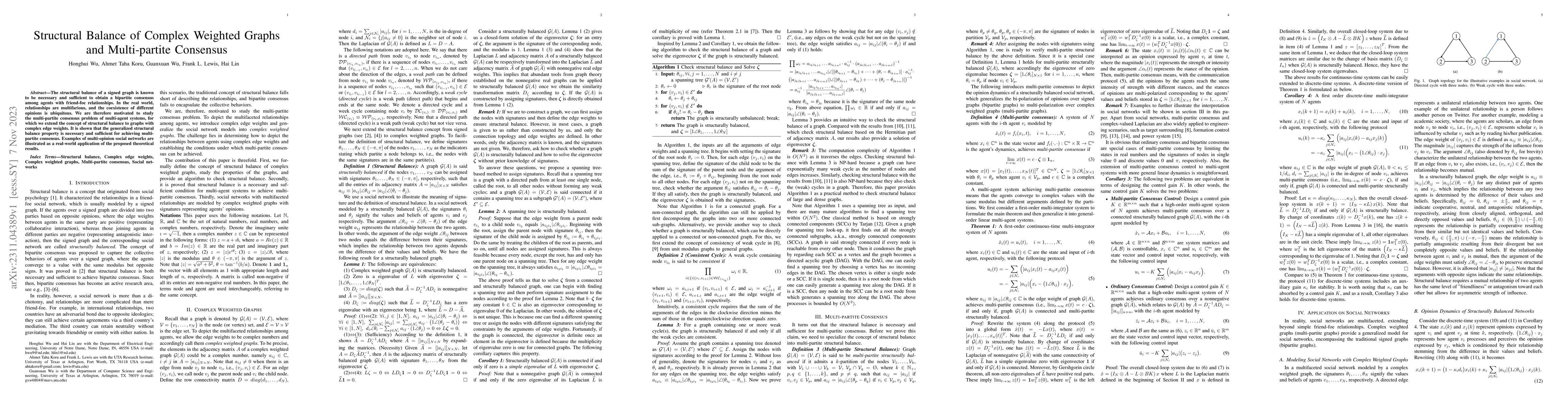 Thumbnail for Structural Balance of Complex Weighted Graphs and Multi-partite
  Consensus