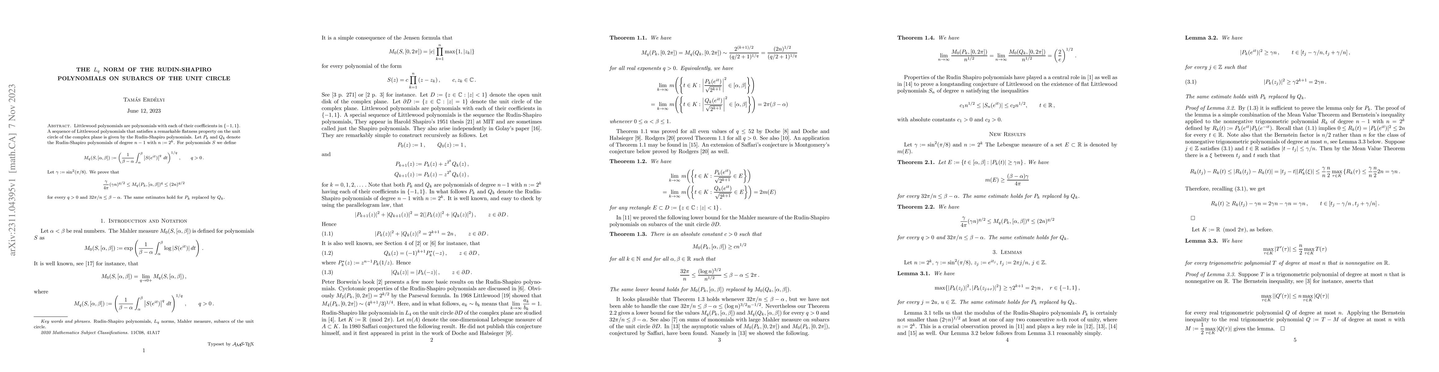 Thumbnail for The $L_q$ norm of the Rudin-Shapiro polynomials on subarcs of the unit
  circle