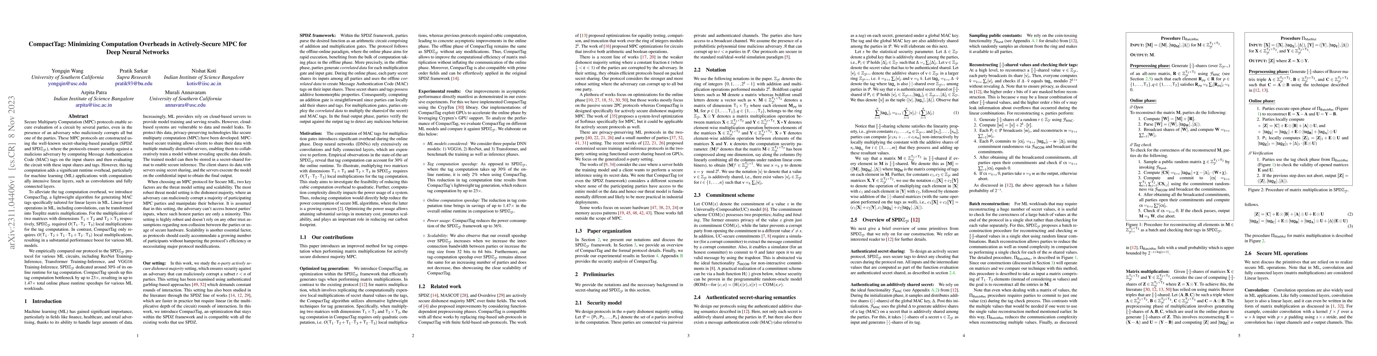 Thumbnail for CompactTag: Minimizing Computation Overheads in Actively-Secure MPC for
  Deep Neural Networks