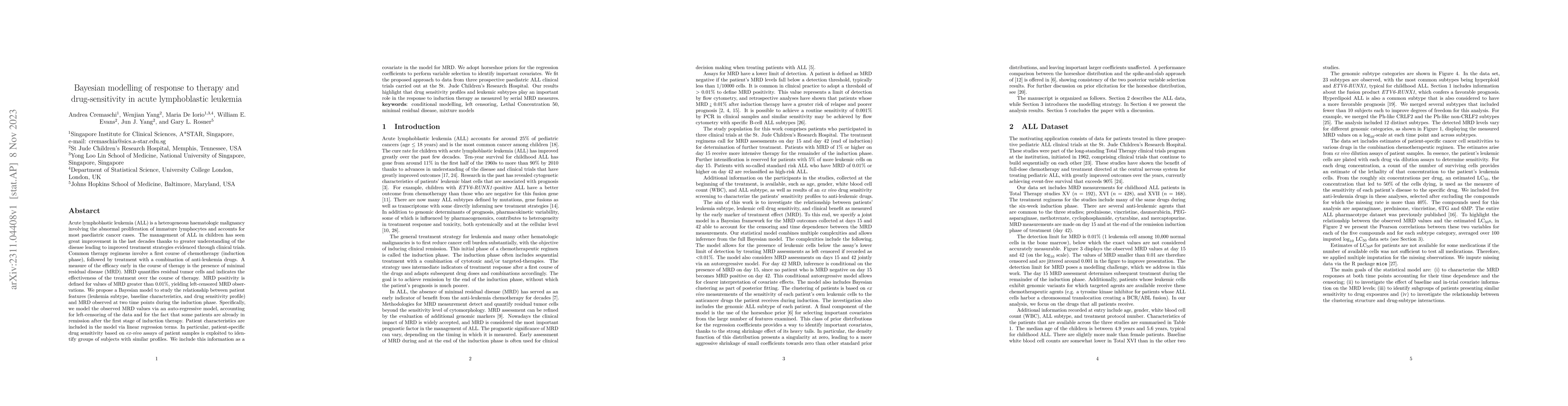 Thumbnail for Bayesian modelling of response to therapy and drug-sensitivity in acute
  lymphoblastic leukemia