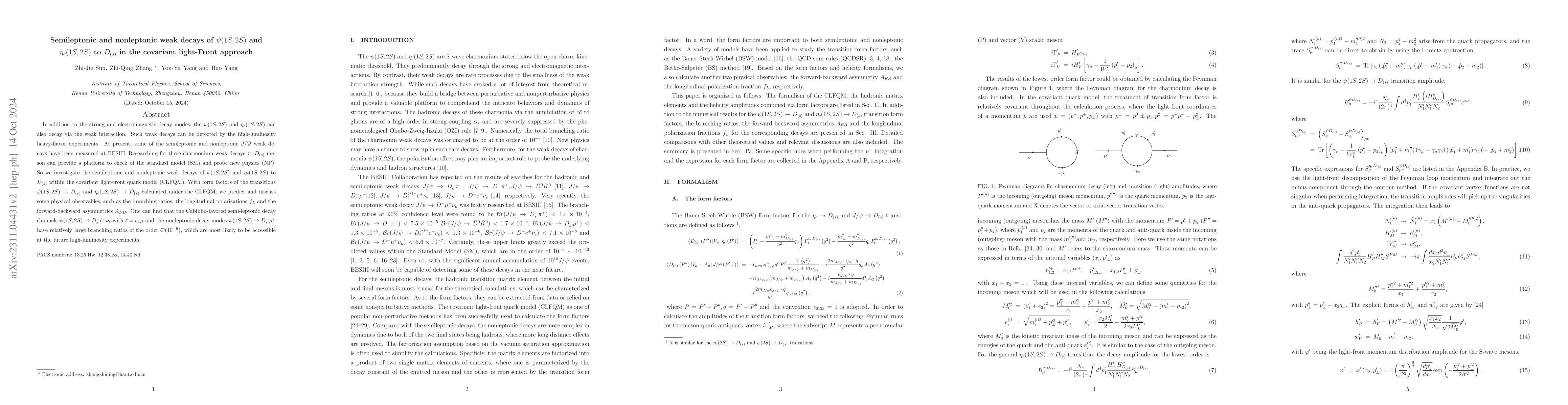 Thumbnail for Semileptonic and nonleptonic weak decays of $\psi(1S,2S)$ and
  $\eta_{c}(1S,2S)$ to $D_{(s)}$ in the covariant light-front approach
