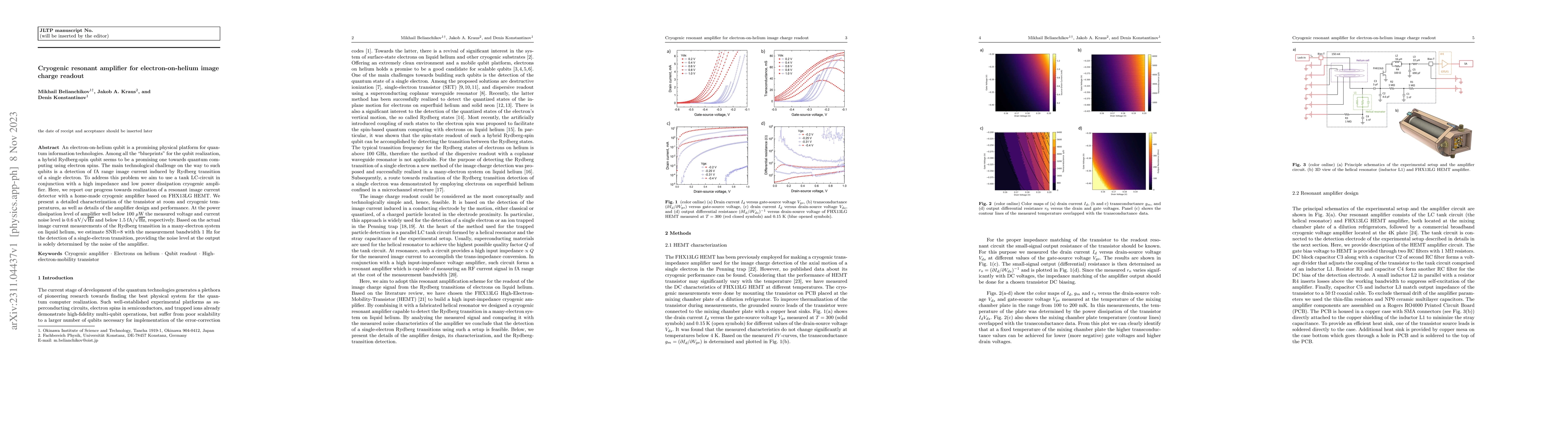 Thumbnail for Cryogenic resonant amplifier for electron-on-helium image charge readout