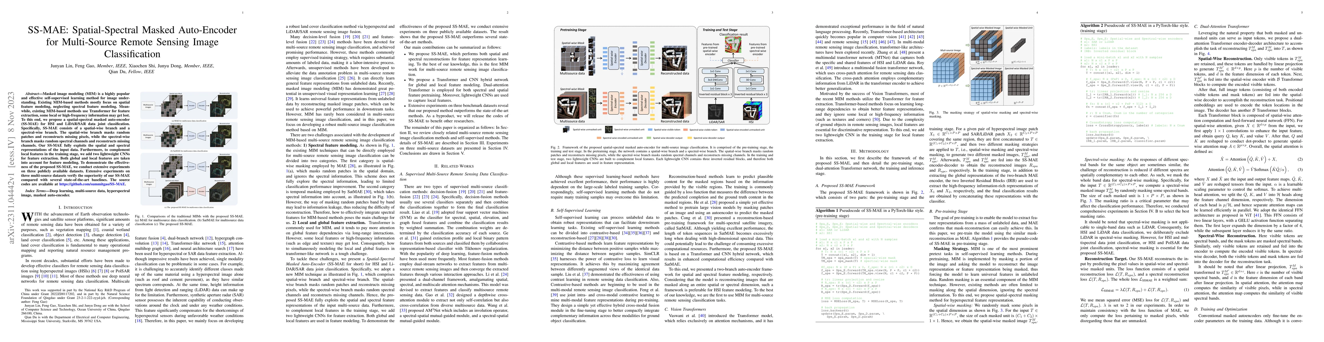 Thumbnail for SS-MAE: Spatial-Spectral Masked Auto-Encoder for Multi-Source Remote
  Sensing Image Classification