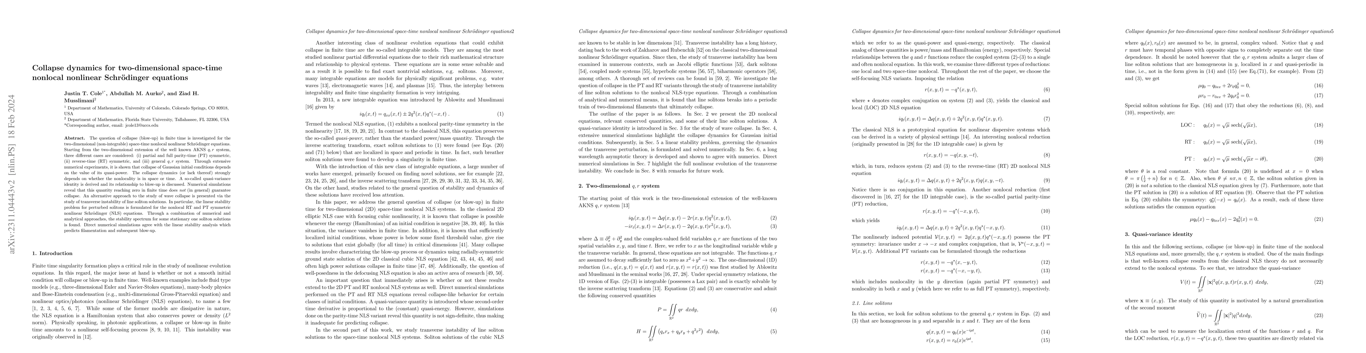 Thumbnail for Collapse dynamics for two-dimensional space-time nonlocal nonlinear
  Schrodinger equations