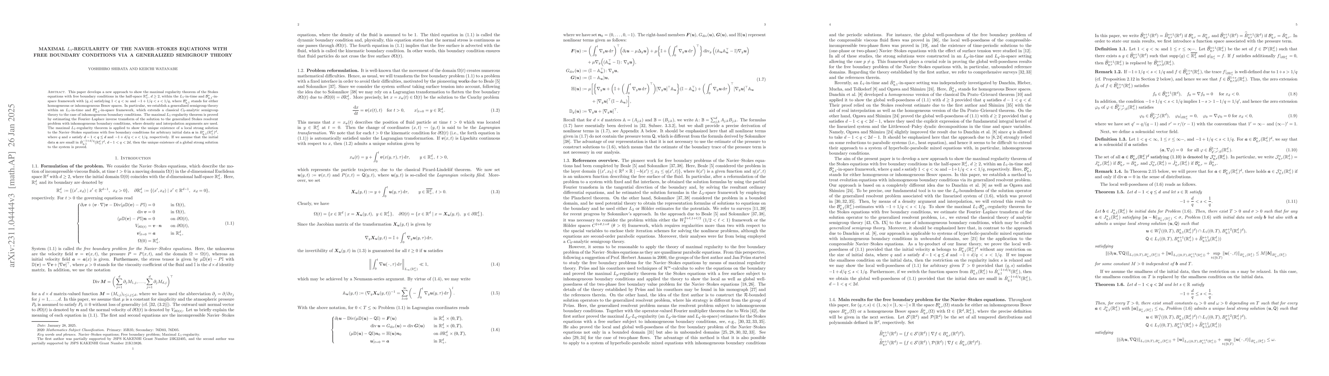 Thumbnail for Maximal $L_1$-regularity of the Navier-Stokes equations with free
  boundary conditions via a generalized semigroup theory