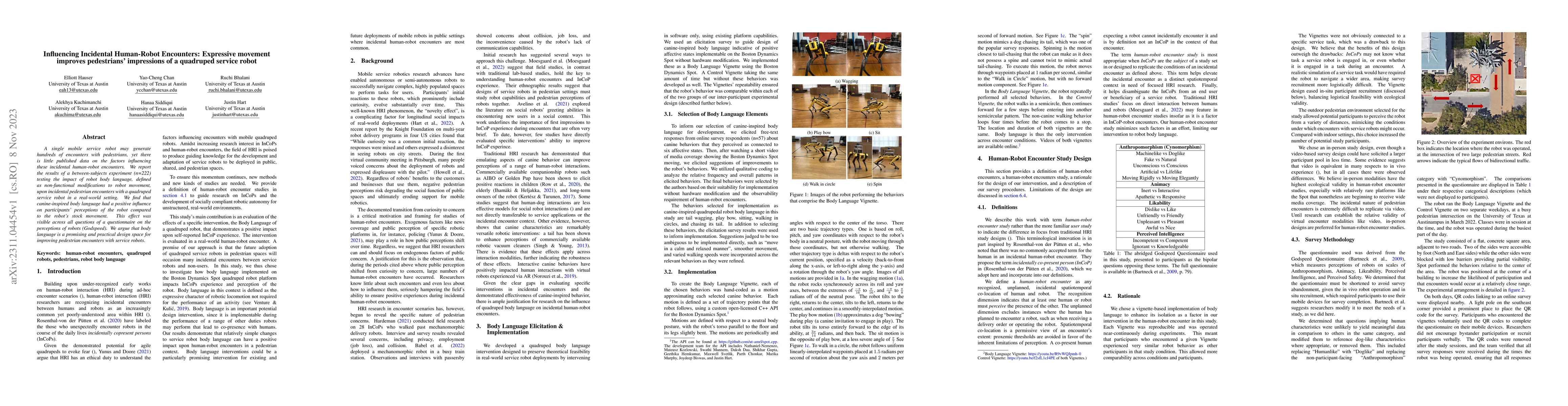 Thumbnail for Influencing Incidental Human-Robot Encounters: Expressive movement
  improves pedestrians' impressions of a quadruped service robot