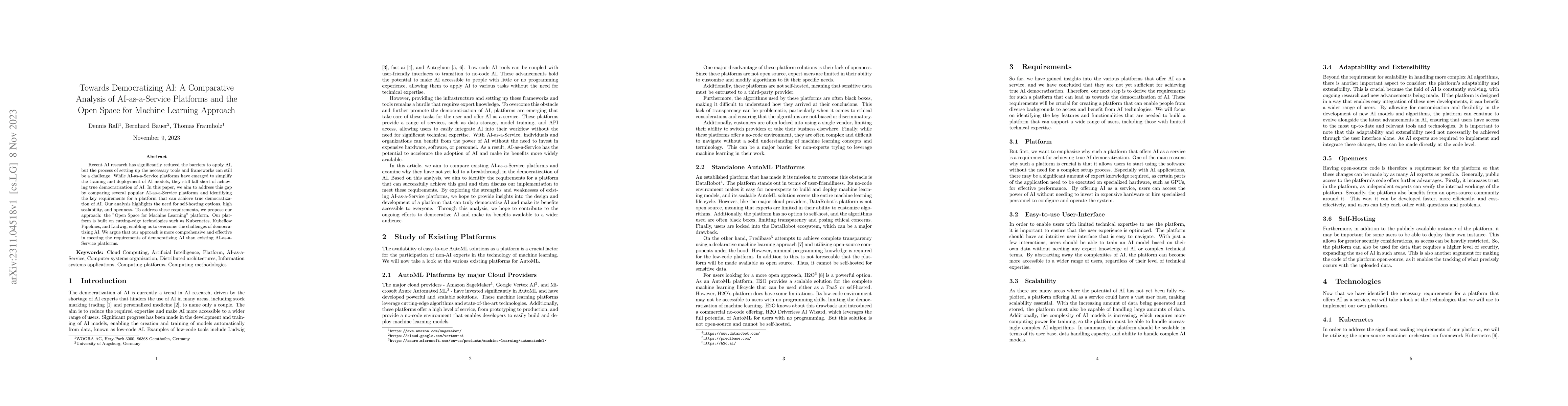 Thumbnail for Towards Democratizing AI: A Comparative Analysis of AI as a Service
  Platforms and the Open Space for Machine Learning Approach