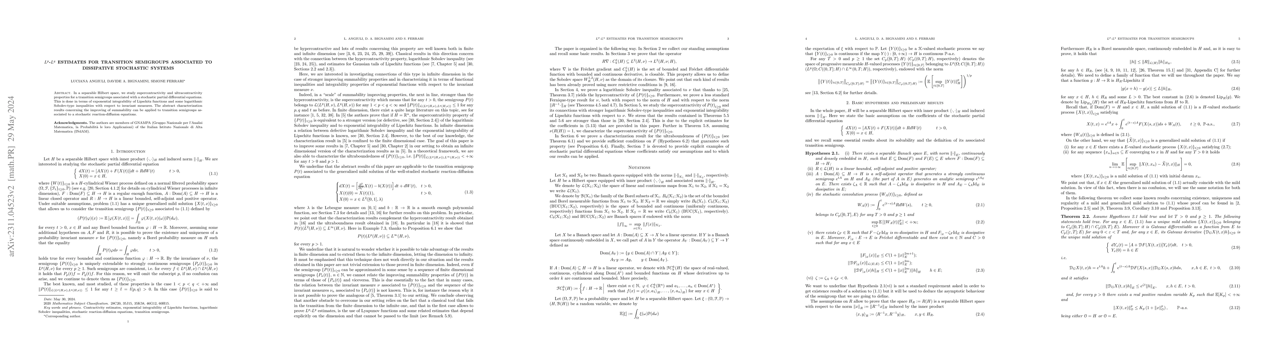 Thumbnail for $L^p$-$L^q$ estimates for transition semigroups associated to
  dissipative stochastic systems