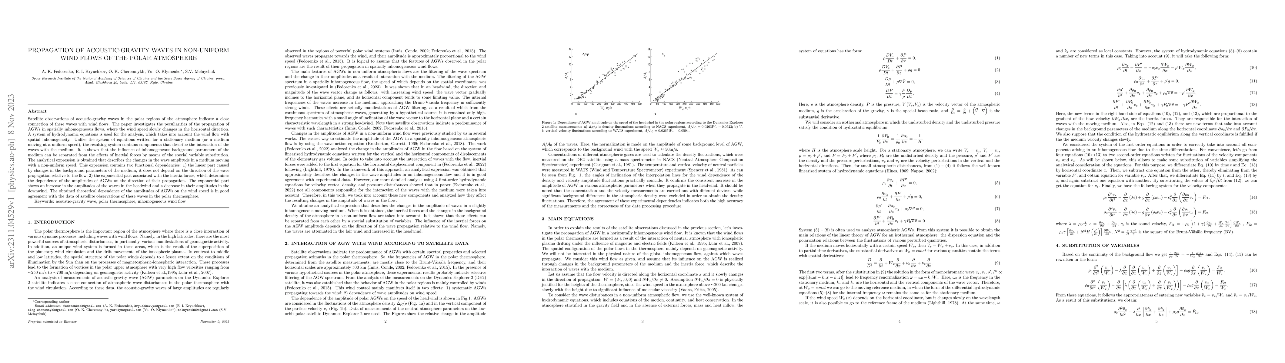 Thumbnail for Propagation of acoustic-gravity waves in non-uniform wind flows of the
  polar atmosphere