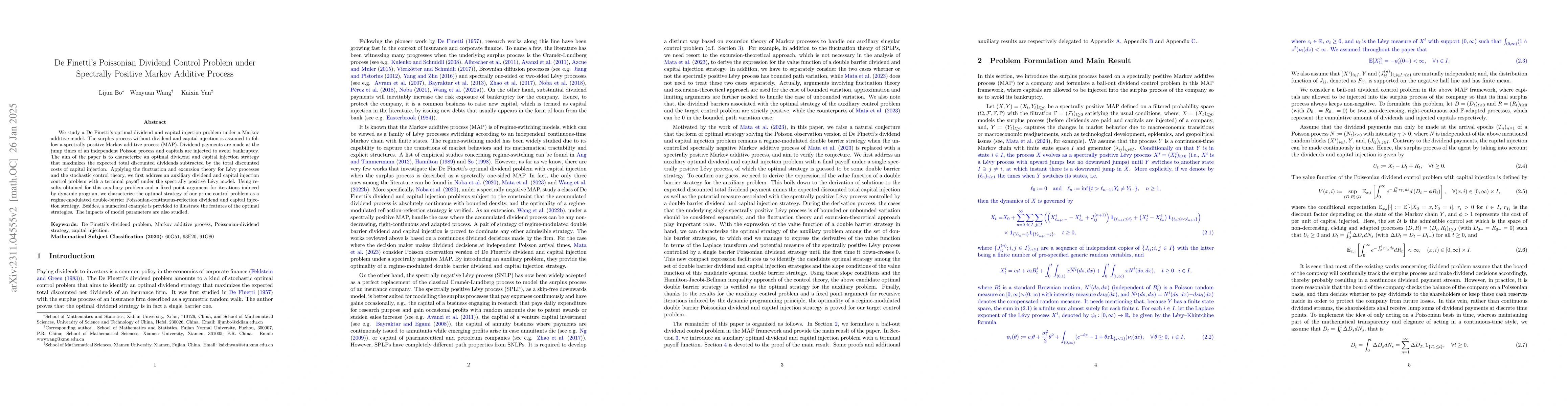 Thumbnail for De Finetti's Control Problem with Poisson Observations under Spectrally
  Positive Markov Additive Process