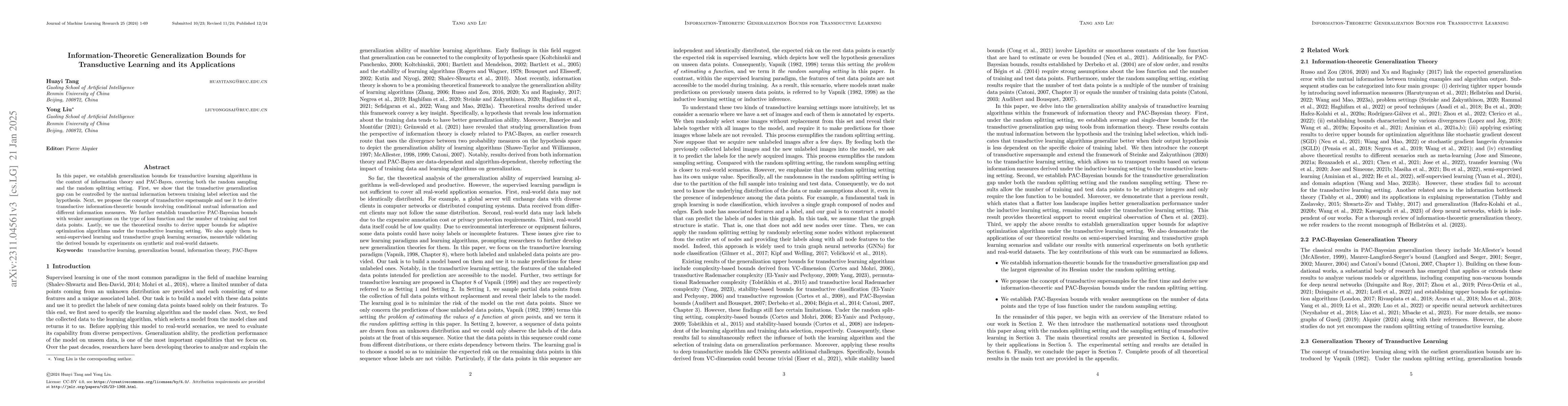Thumbnail for Information-Theoretic Generalization Bounds for Transductive Learning
  and its Applications