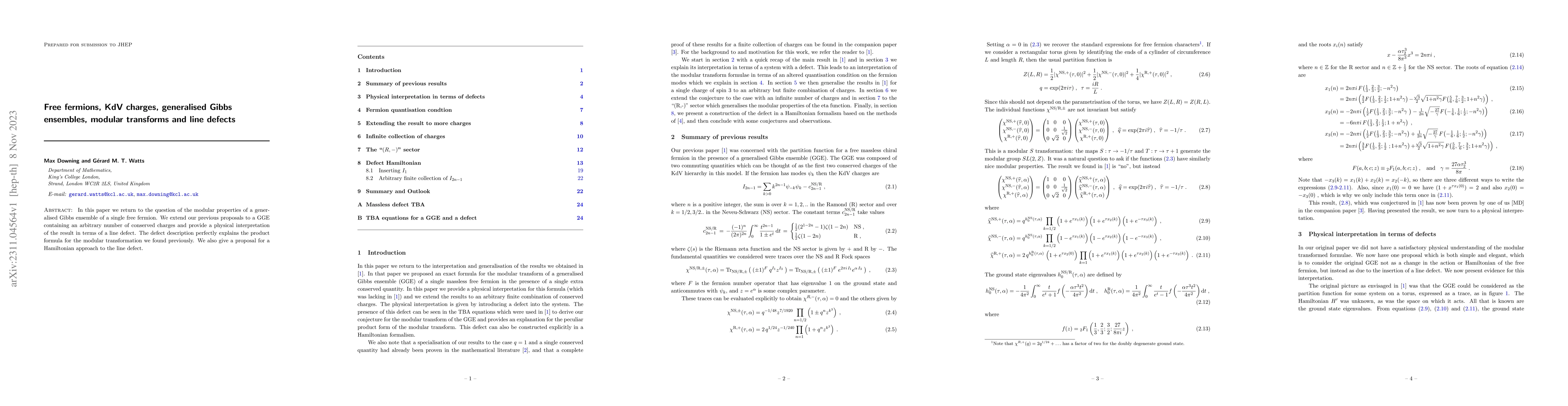 Thumbnail for Free fermions, KdV charges, generalised Gibbs ensembles, modular
  transforms and line defects