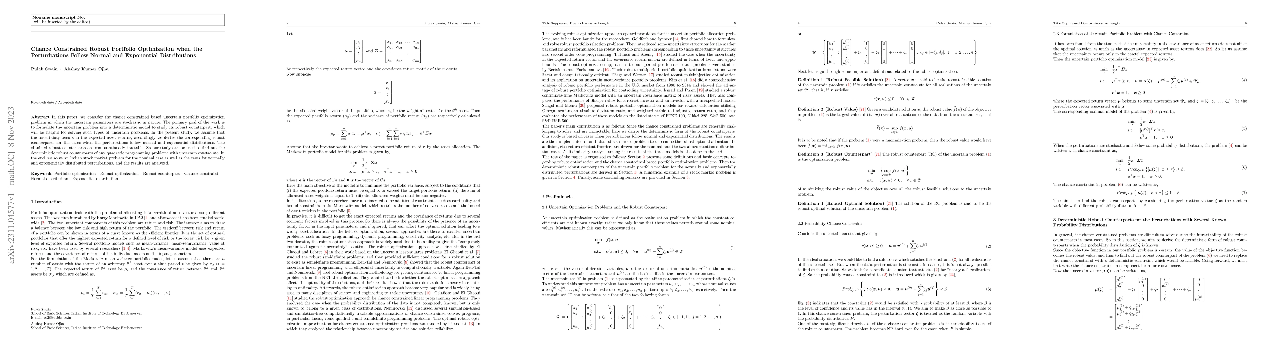 Thumbnail for Chance Constrained Robust Portfolio Optimization when the Perturbations
  Follow Normal and Exponential Distributions