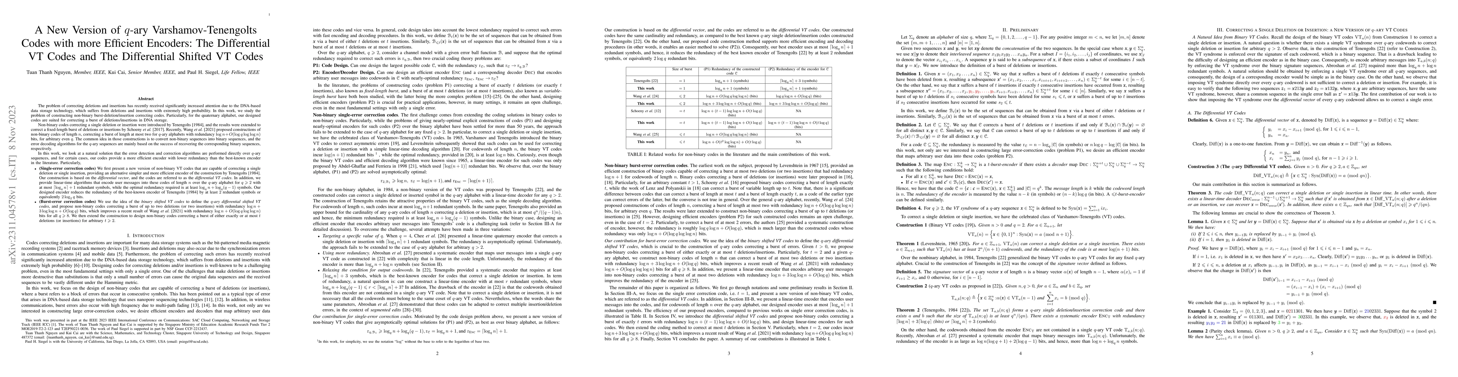 Thumbnail for A New Version of q-ary Varshamov-Tenengolts Codes with More Efficient
  Encoders: The Differential VT Codes and The Differential Shifted VT Codes