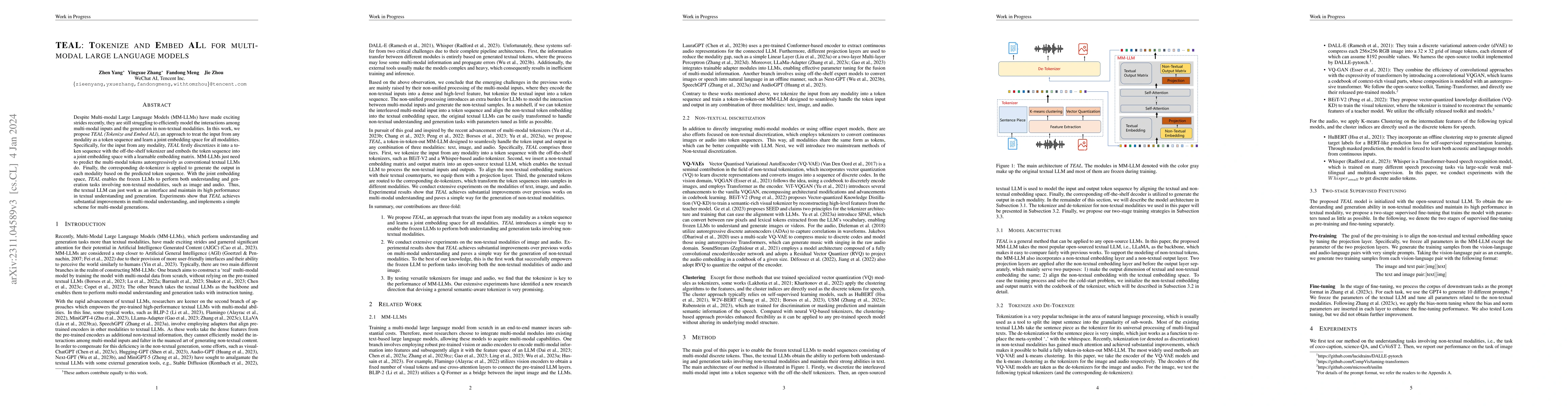Thumbnail for TEAL: Tokenize and Embed ALL for Multi-modal Large Language Models