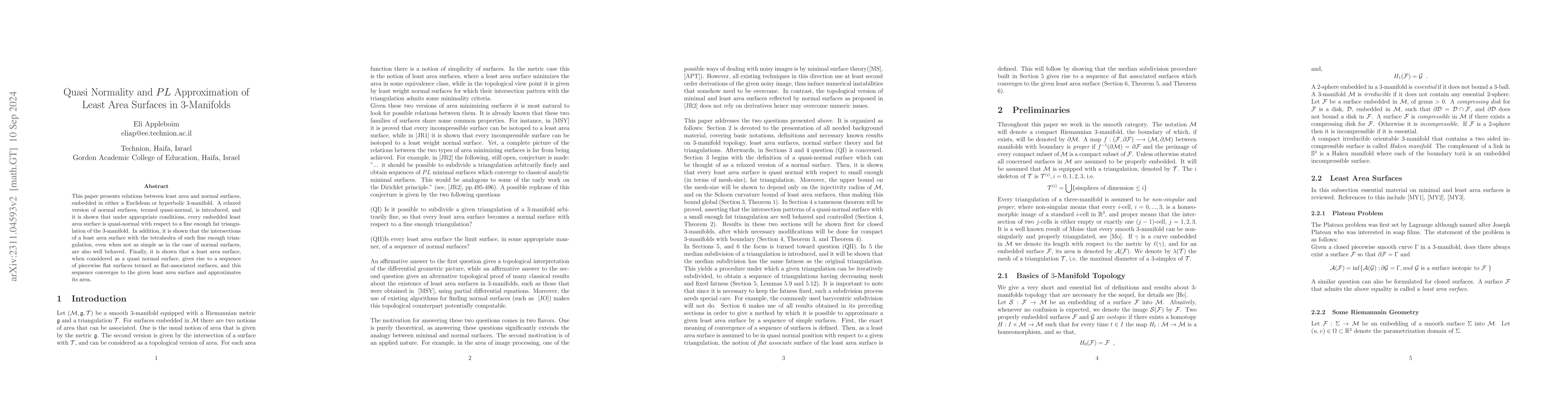 Thumbnail for Quasi Normality of Least Area Incompressible Surfaces in 3-Manifolds