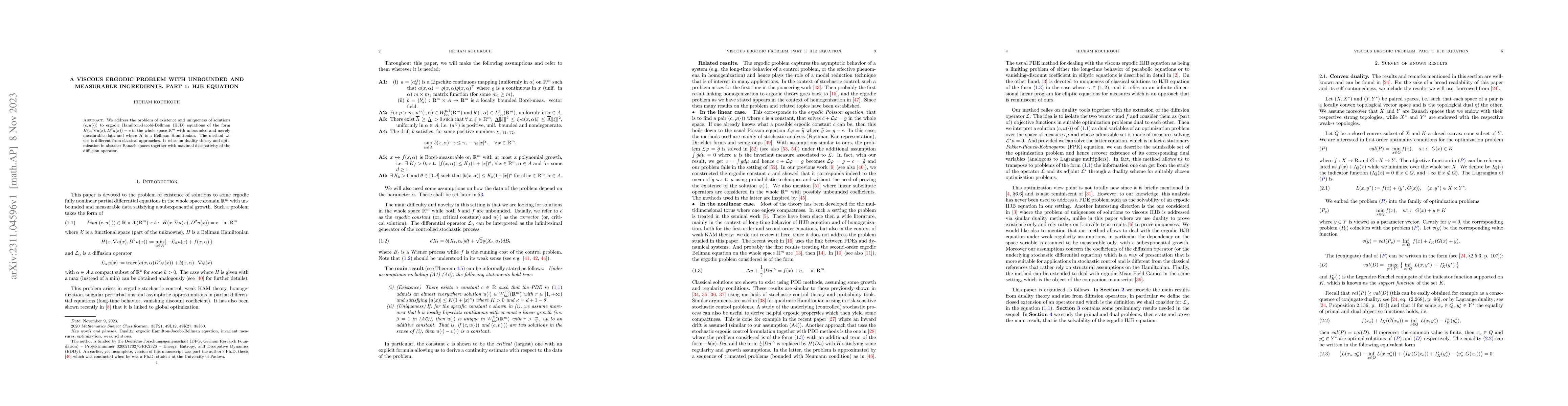 Thumbnail for A viscous ergodic problem with unbounded and measurable ingredients.
  Part 1: HJB Equation