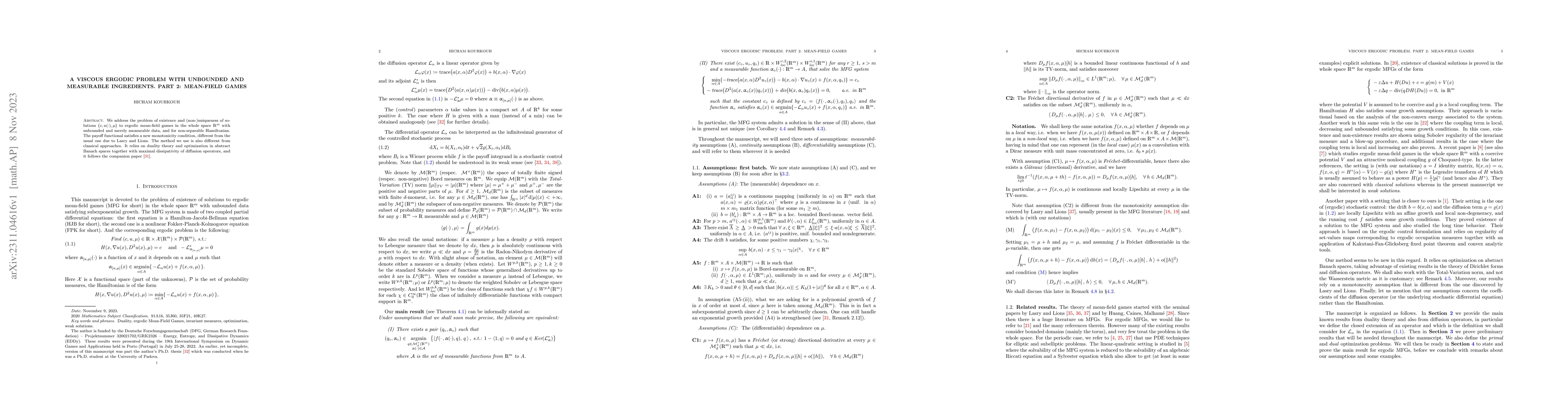 Thumbnail for A viscous ergodic problem with unbounded and measurable ingredients.
  Part 2: Mean-Field Games