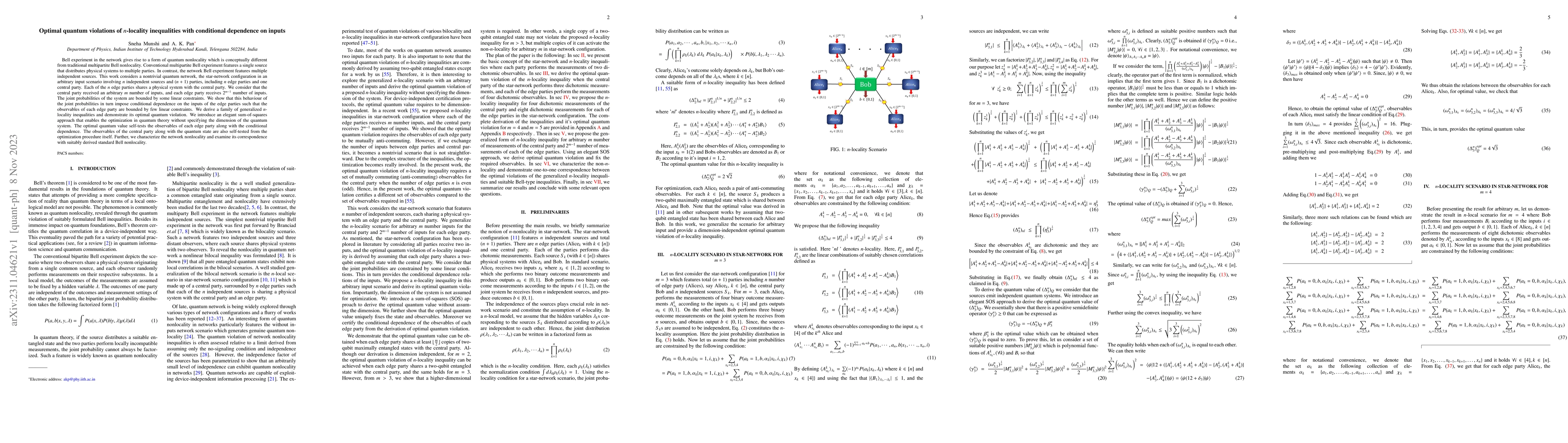 Thumbnail for Optimal quantum violations of n-locality inequalities with conditional
  dependence on inputs