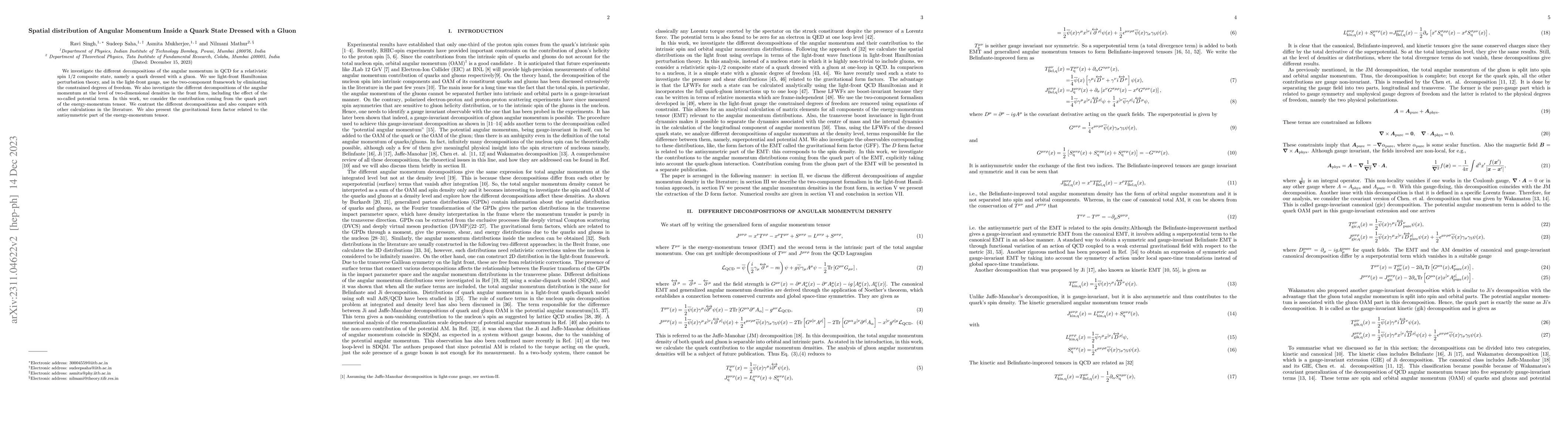 Thumbnail for Spatial distribution of Angular Momentum Inside a Quark State Dressed
  with a Gluon