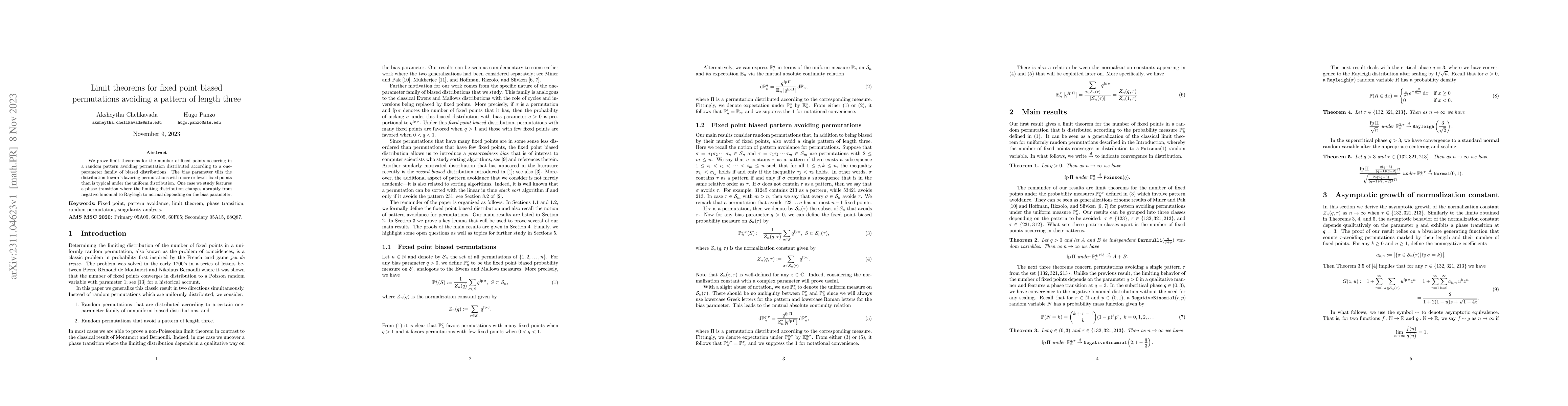 Thumbnail for Limit theorems for fixed point biased permutations avoiding a pattern of
  length three