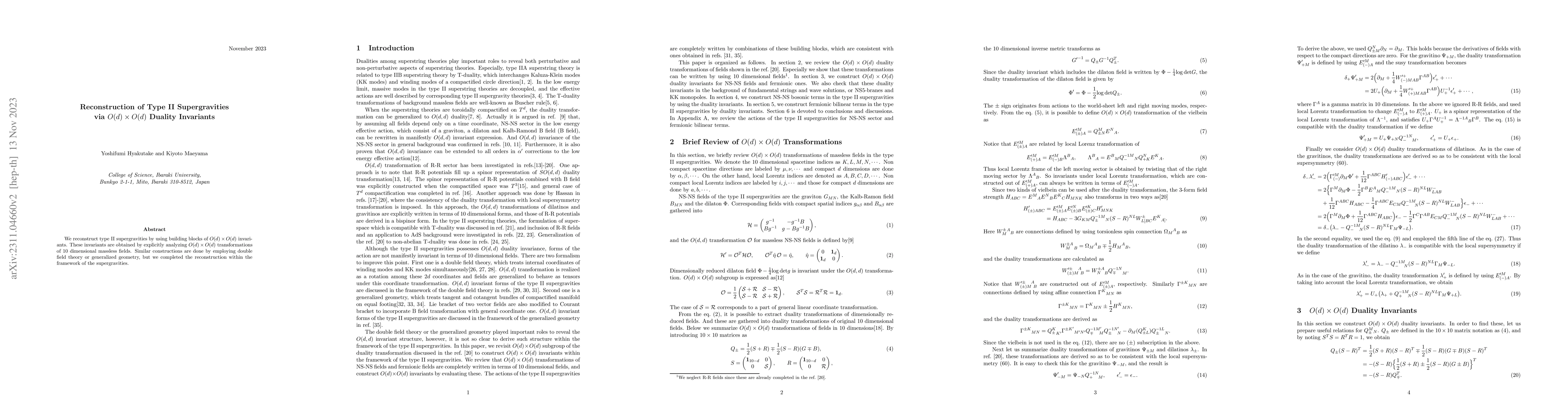 Thumbnail for Reconstruction of Type II Supergravities via $O(d) \times O(d)$ Duality
  Invariants