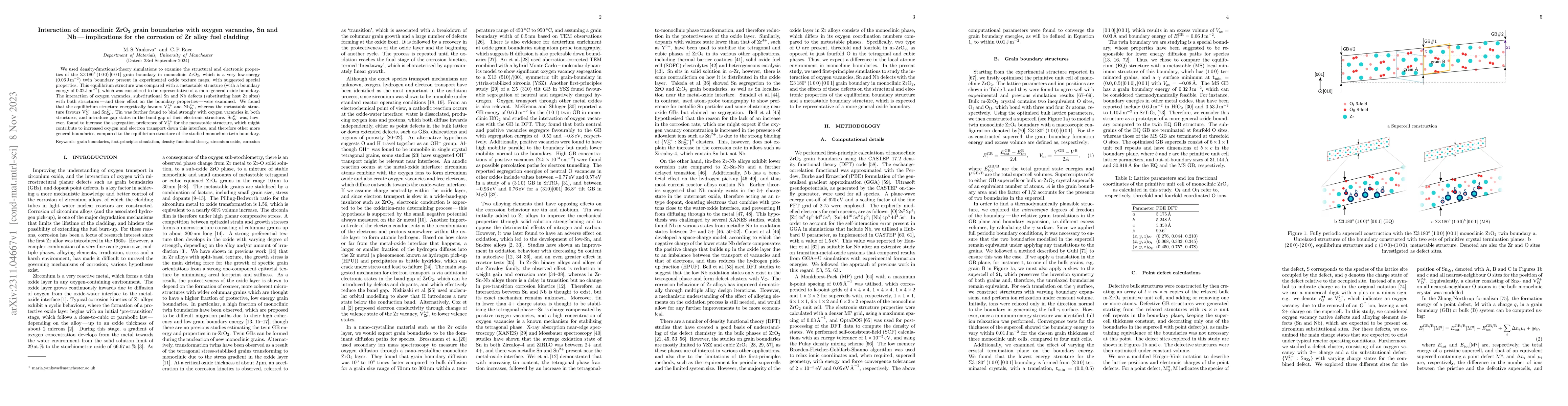 Thumbnail for Interaction of monoclinic ZrO$_2$ grain boundaries with oxygen
  vacancies, Sn and Nb -- implications for the corrosion of Zr alloy fuel
  cladding