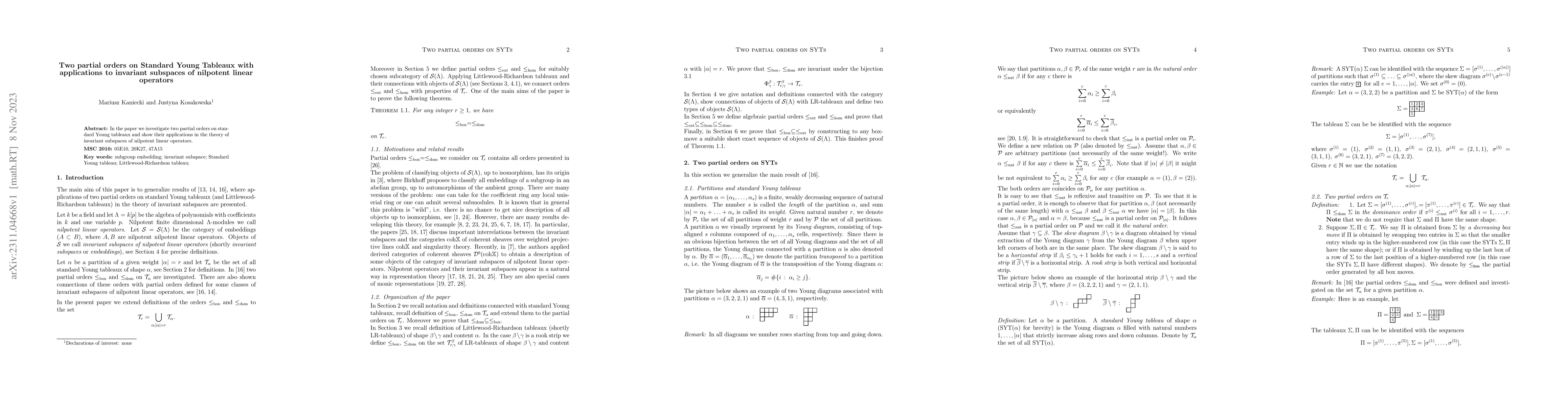 Thumbnail for Two partial orders on Standard Young Tableaux with applications to
  invariant subspaces of nilpotent linear operators