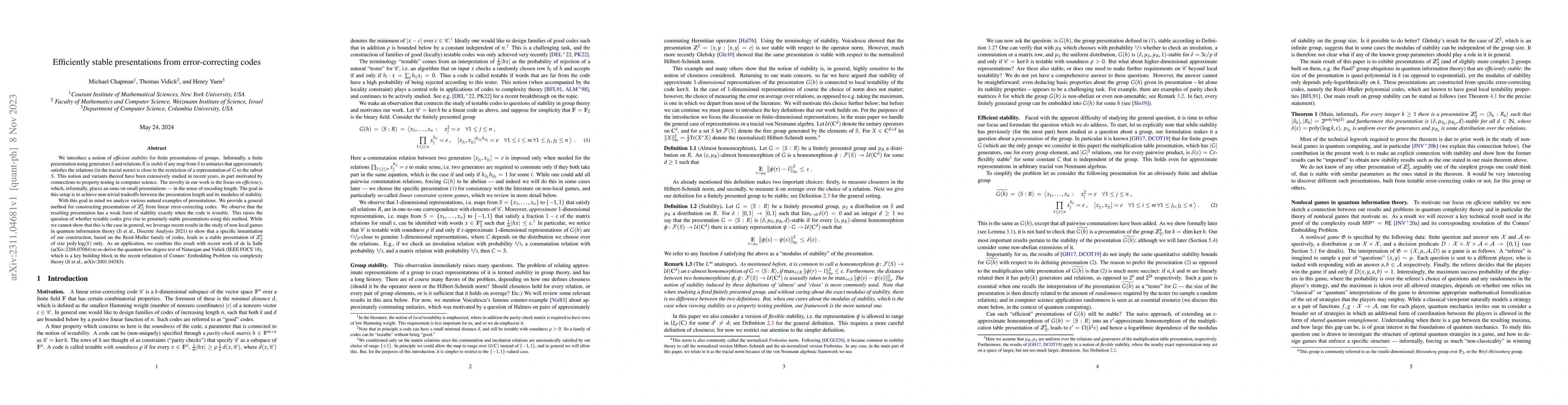 Thumbnail for Efficiently stable presentations from error-correcting codes
