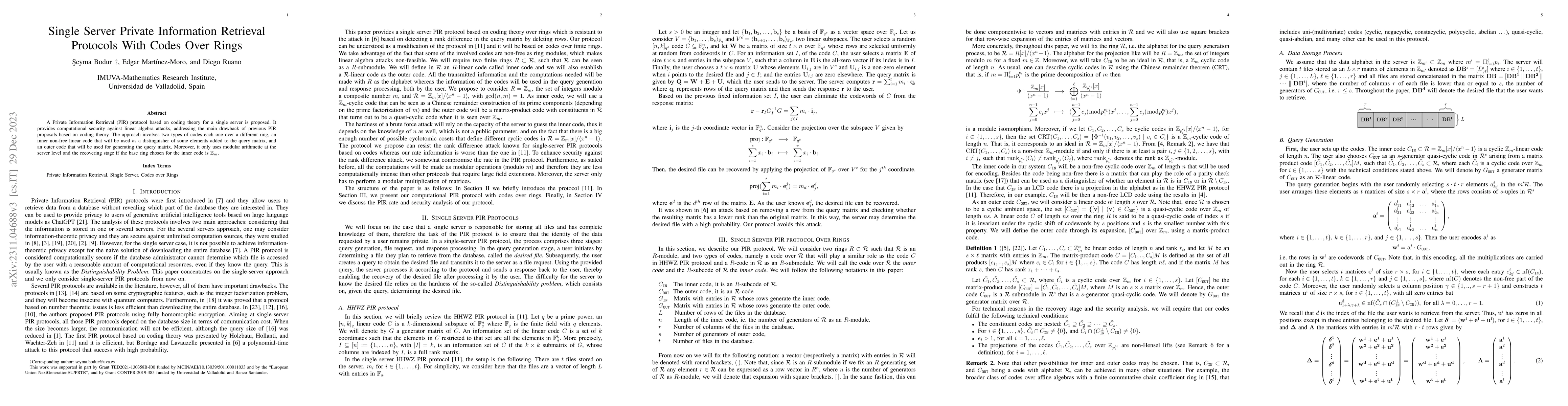 Thumbnail for Single Server Private Information Retrieval Protocols With Codes Over
  Rings