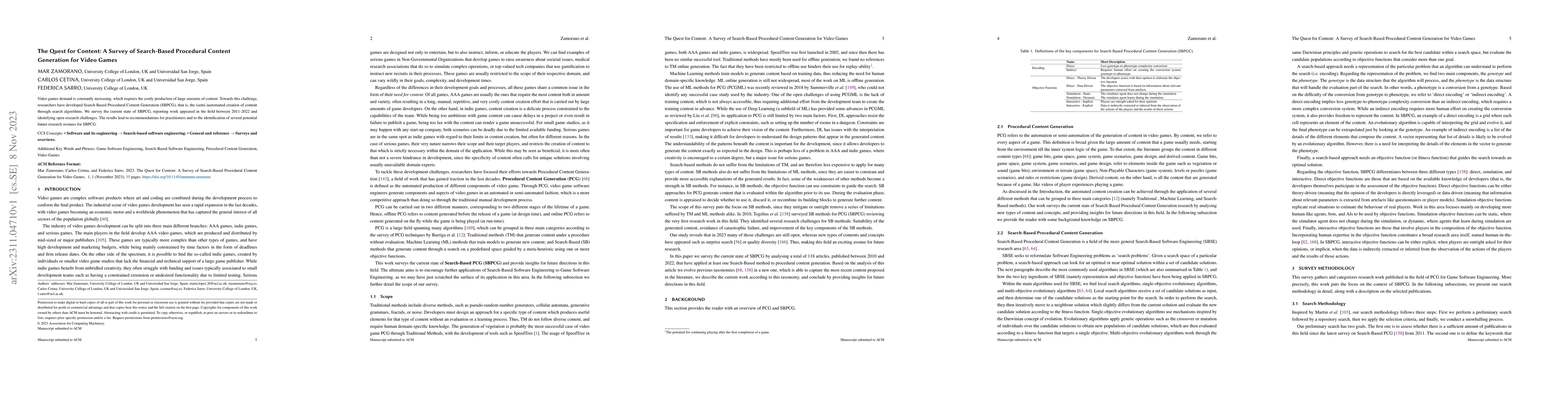 Thumbnail for The Quest for Content: A Survey of Search-Based Procedural Content
  Generation for Video Games