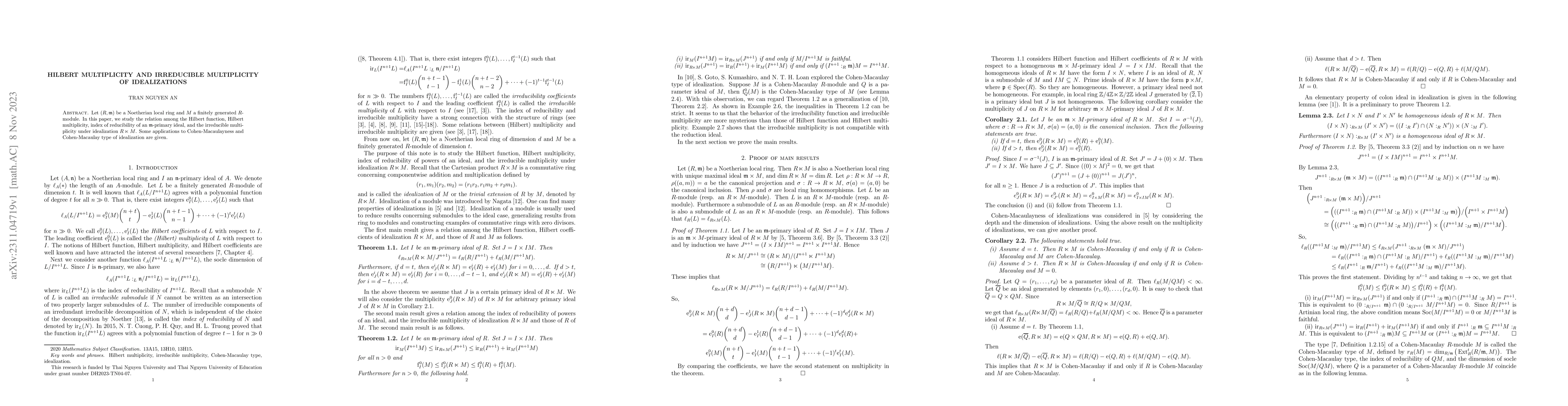 Thumbnail for Hilbert multiplicity and irreducible multiplicity of idealizations