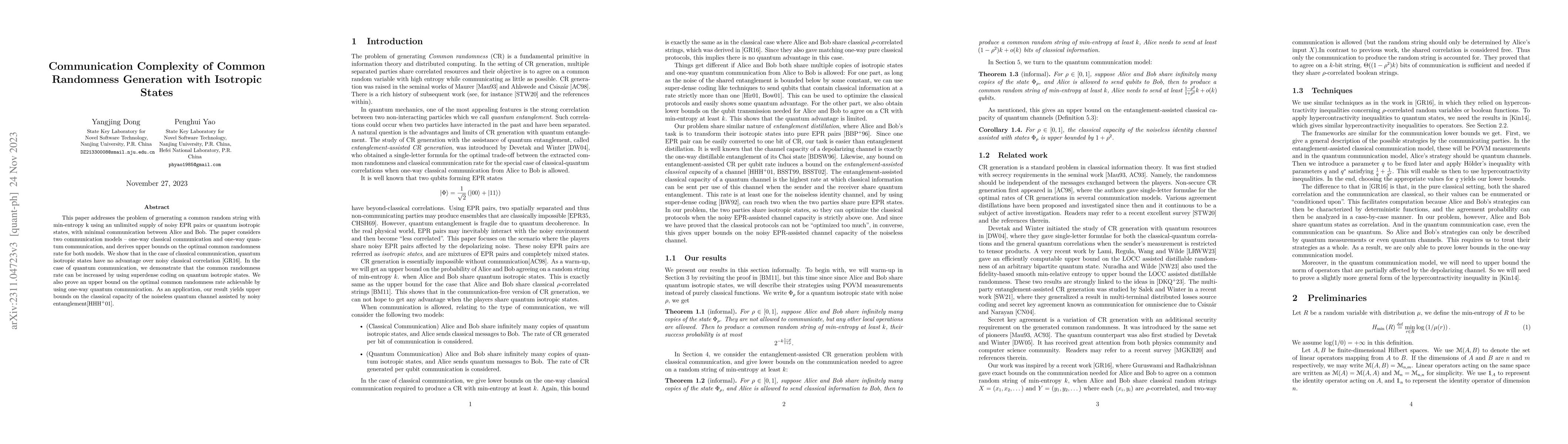 Thumbnail for Communication Complexity of Common Randomness Generation with Isotropic
  States