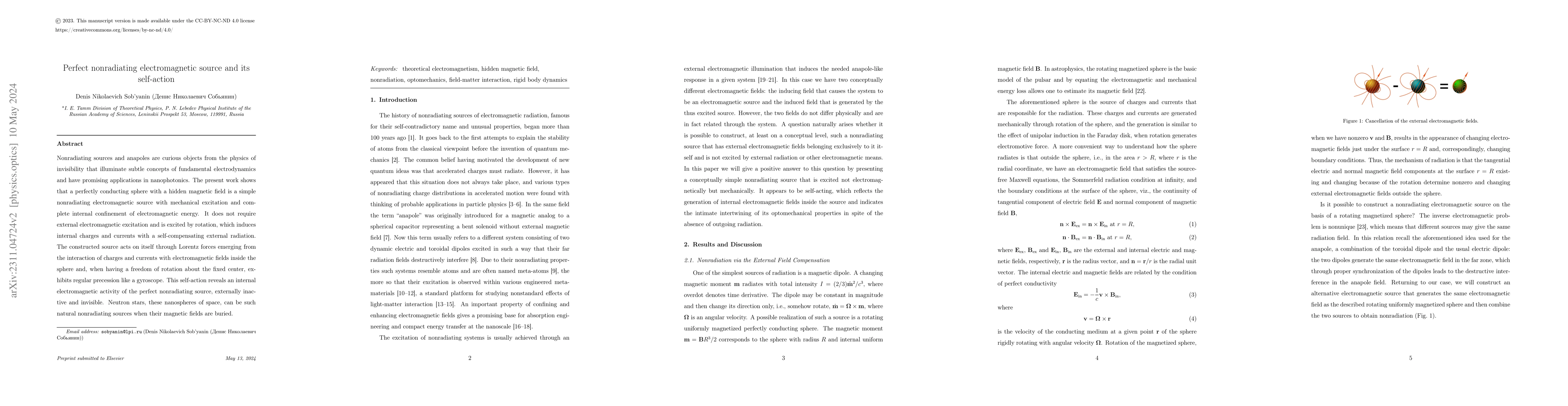 Thumbnail for Perfect nonradiating electromagnetic source and its self-action