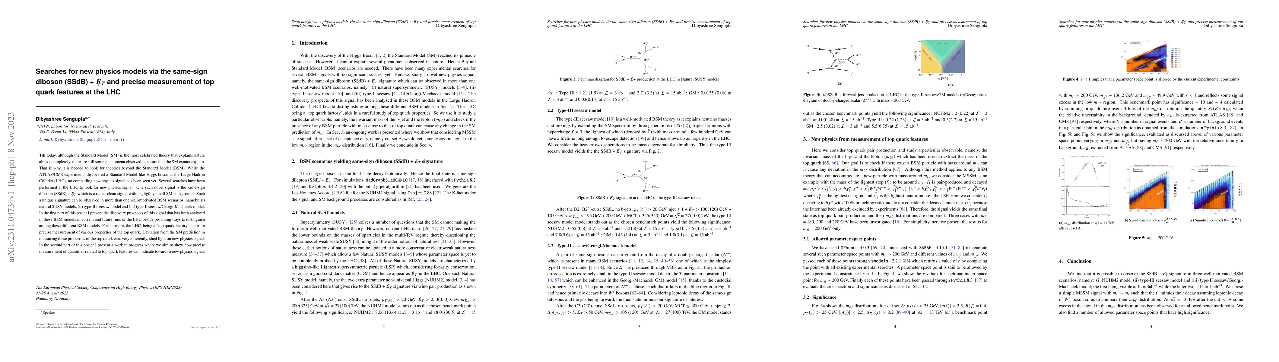 Thumbnail for Searches for new physics models via the same-sign diboson (SSdB) +
  ${E\!\!/}_{T}$ and precise measurement of top quark features at the LHC