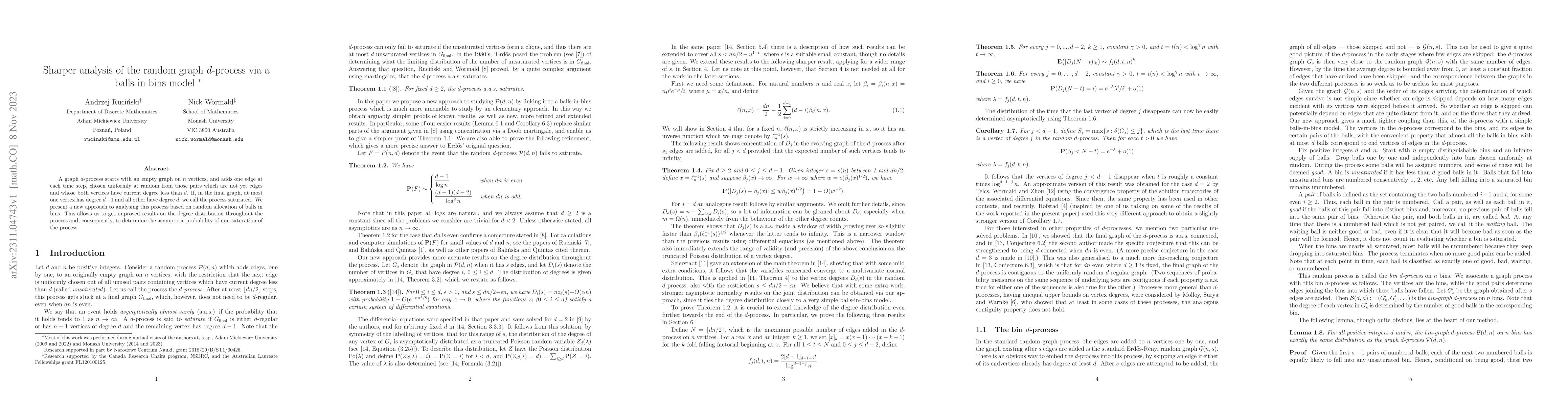Thumbnail for Sharper analysis of the random graph $d$-process via a balls-in-bins
  model