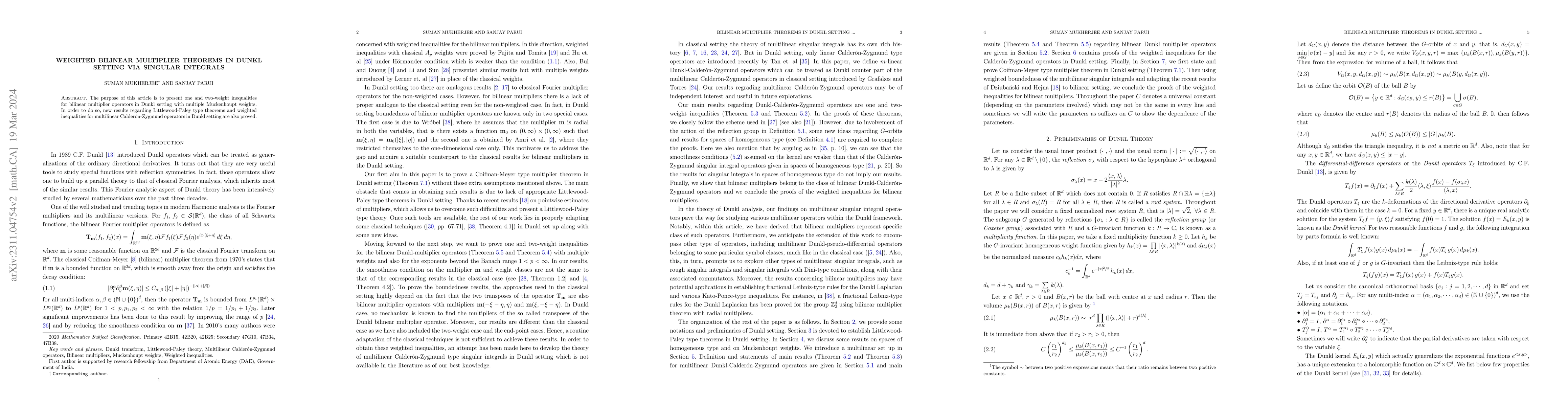 Thumbnail for Weighted Bilinear Multiplier Theorems in Dunkl Setting via Singular
  Integrals