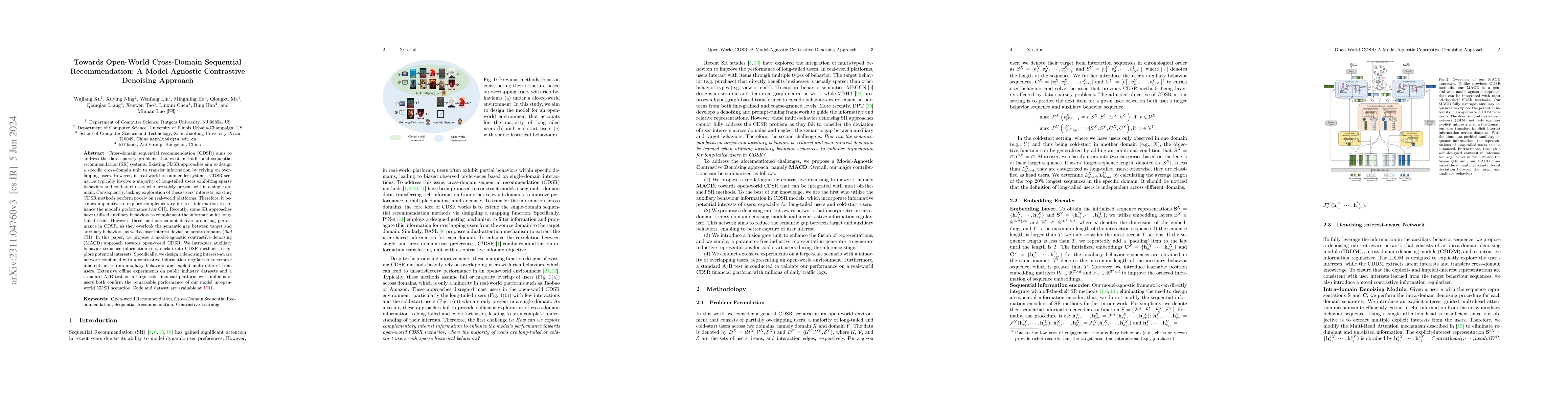 Thumbnail for Towards Open-world Cross-Domain Sequential Recommendation: A
  Model-Agnostic Contrastive Denoising Approach