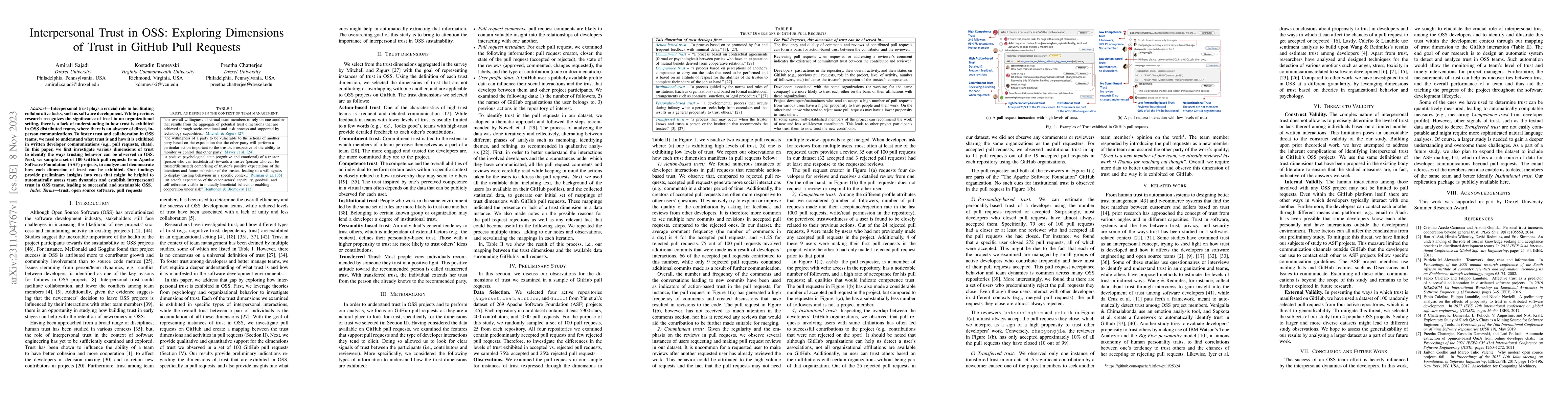 Thumbnail for Interpersonal Trust in OSS: Exploring Dimensions of Trust in GitHub Pull
  Requests