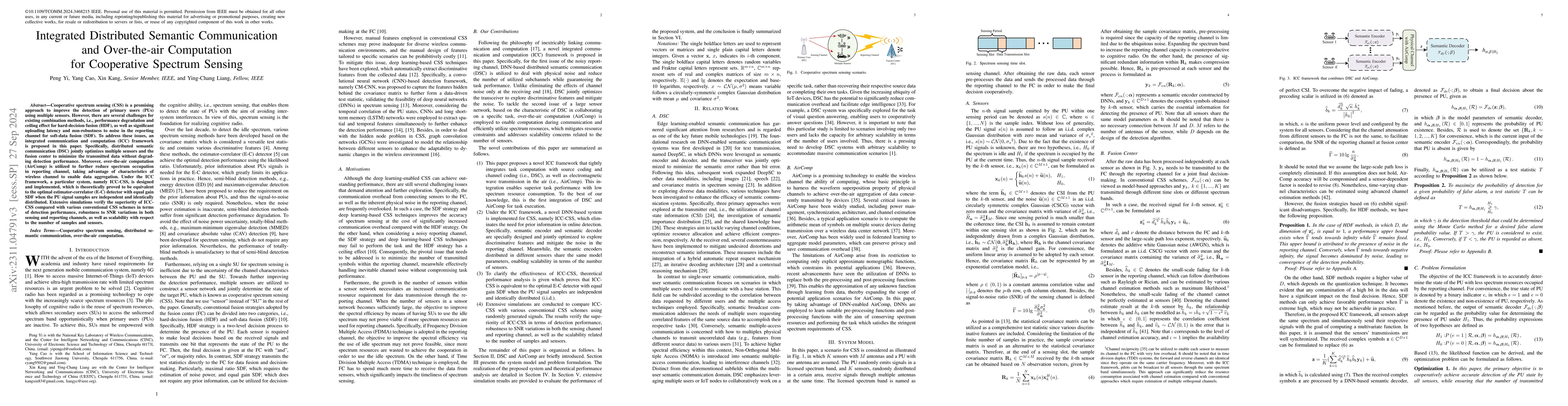 Thumbnail for Integrated Distributed Semantic Communication and Over-the-air
  Computation for Cooperative Spectrum Sensing