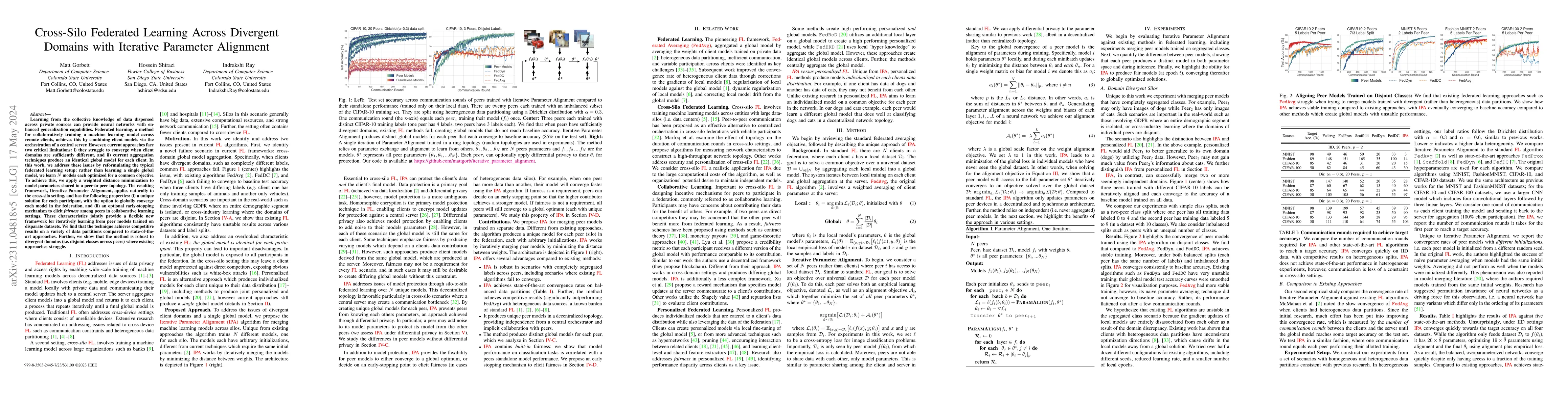 Thumbnail for Cross-Silo Federated Learning Across Divergent Domains with Iterative
  Parameter Alignment