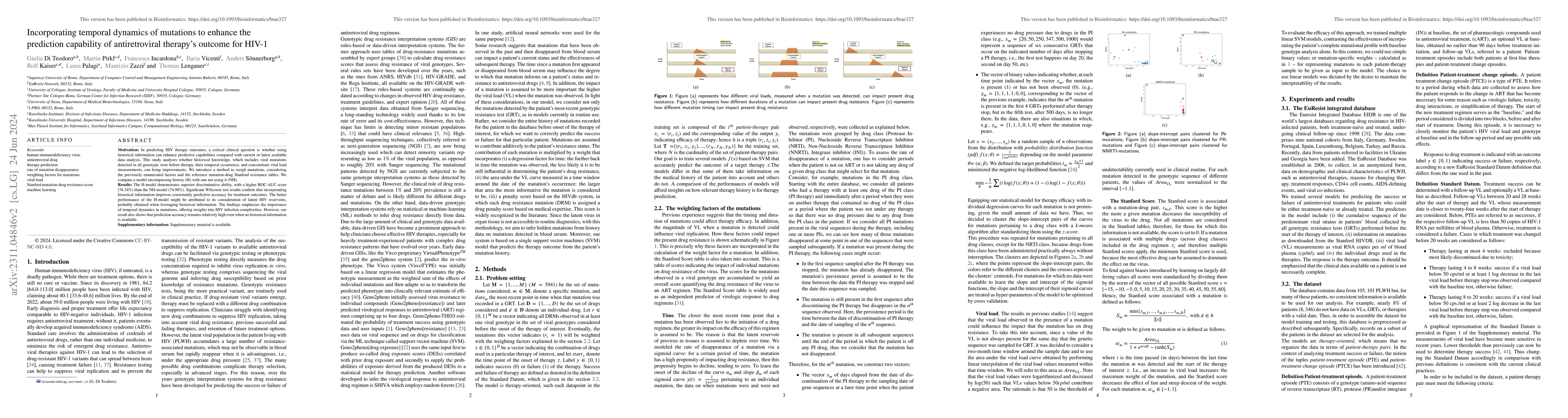 Thumbnail for Incorporating temporal dynamics of mutations to enhance the prediction
  capability of antiretroviral therapy's outcome for HIV-1