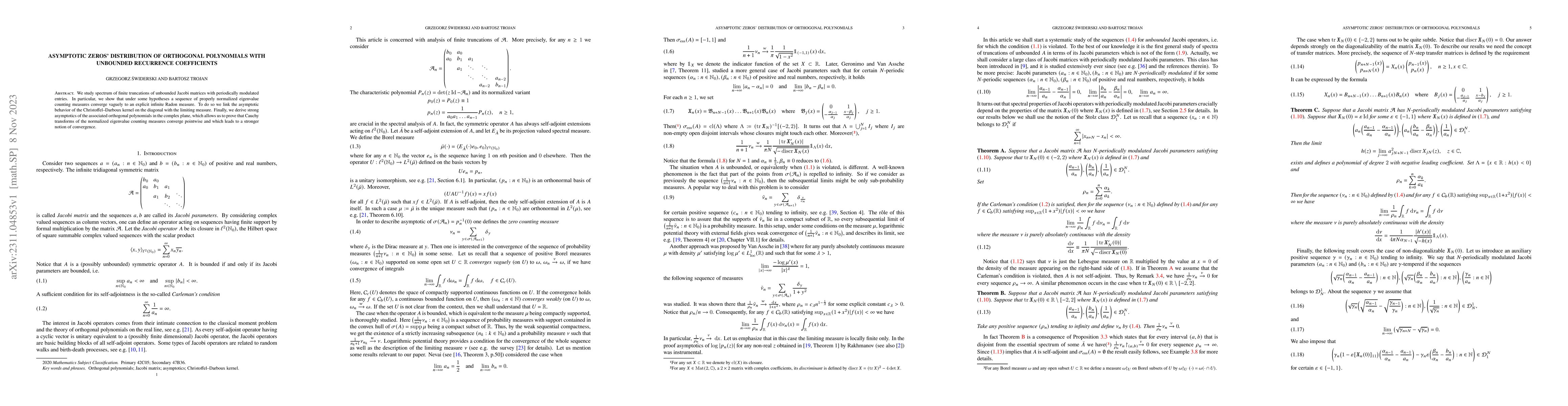 Thumbnail for Asymptotic zeros' distribution of orthogonal polynomials with unbounded
  recurrence coefficients