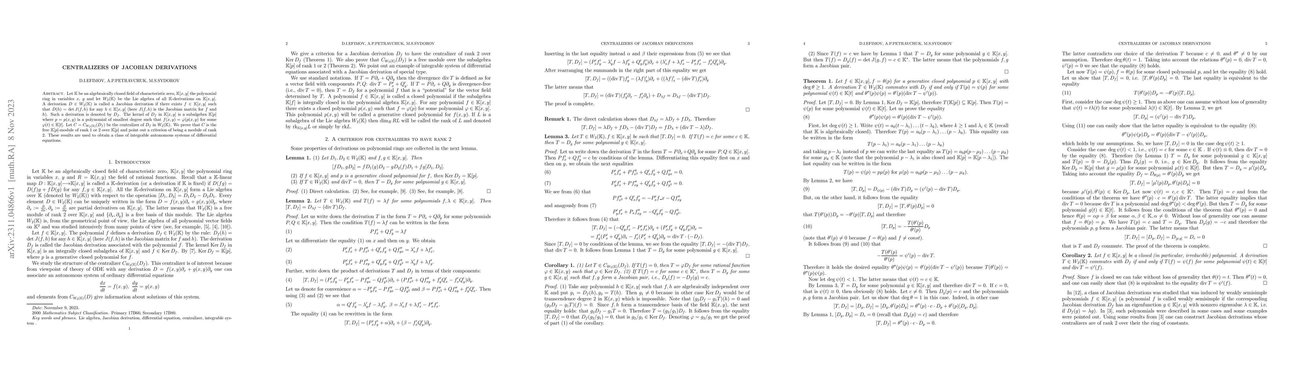Thumbnail for Centralizers of Jacobian derivations