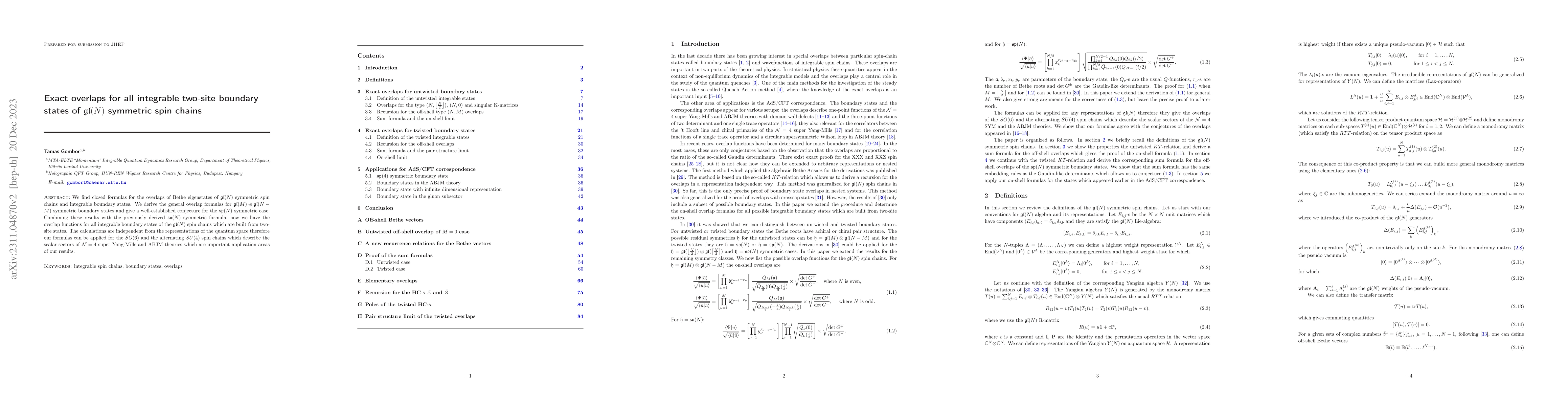 Thumbnail for Exact overlaps for all integrable two-site boundary states of
  $\mathfrak{gl}(N)$ symmetric spin chains